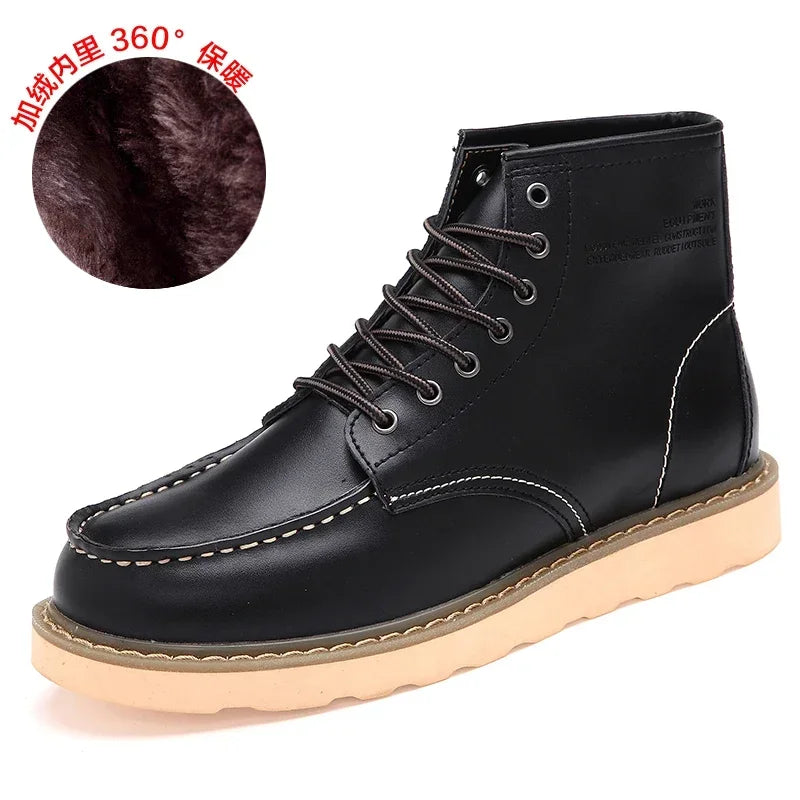 Fluwelen Heren Leren Laarzen Britse Stijl Motorboot Casual Lederen Werkschoenen Warm Antislip Waterdicht Trendy Katoenen Schoen