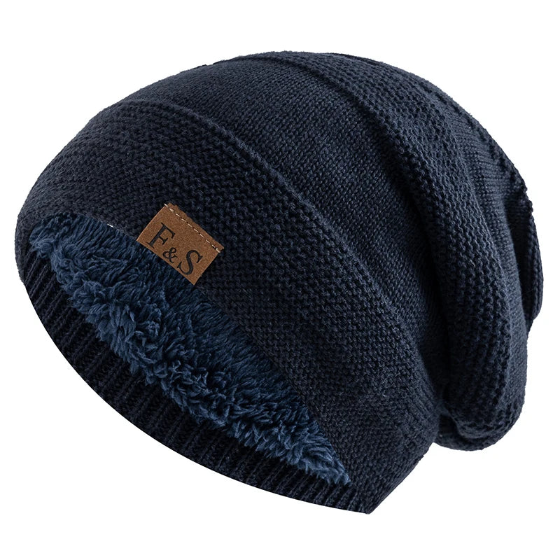 Nieuwe Unisex Slouchy Wintermutsen Met Bont Gevoerde Mannen En Vrouwen Warme Beanie Cap Casual Label Decor Winter Gebreide Mutsen