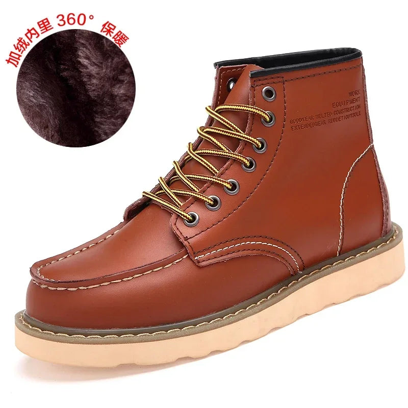 Fluwelen Heren Leren Laarzen Britse Stijl Motorboot Casual Lederen Werkschoenen Warm Antislip Waterdicht Trendy Katoenen Schoen