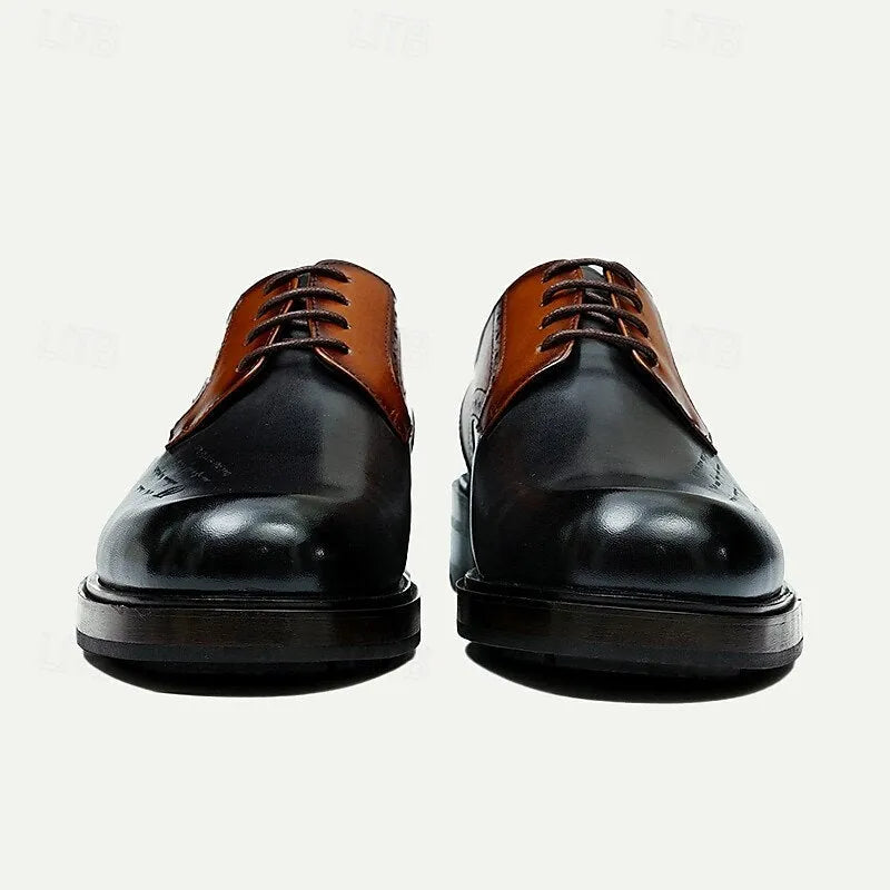 Men's Black and Brown Leather Oxford Shoes with Brogue Detailing, Classic Two-Tone Dress Shoes for Formal and Business Wear