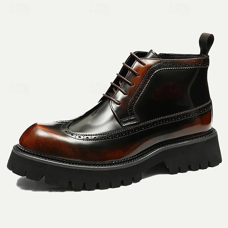 Men's Chunky Sole Brogue Boots - 100% Premium Cowhide Leather with Lace-Up Design