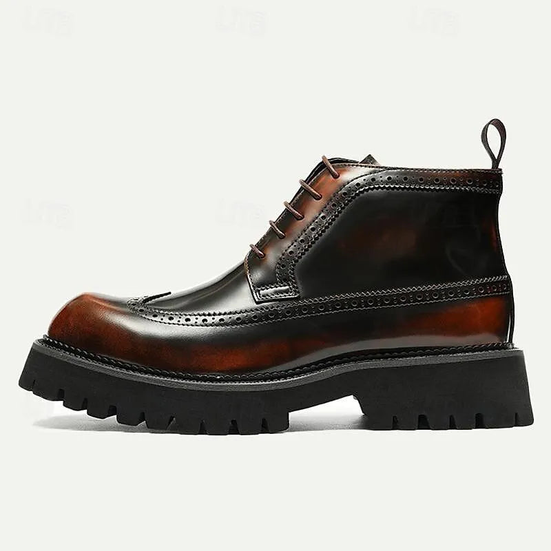 Men's Chunky Sole Brogue Boots - 100% Premium Cowhide Leather with Lace-Up Design