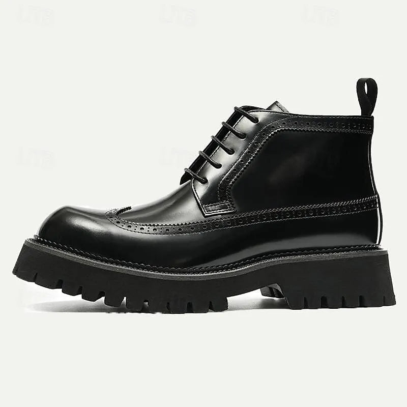 Men's Chunky Sole Brogue Boots - 100% Premium Cowhide Leather with Lace-Up Design