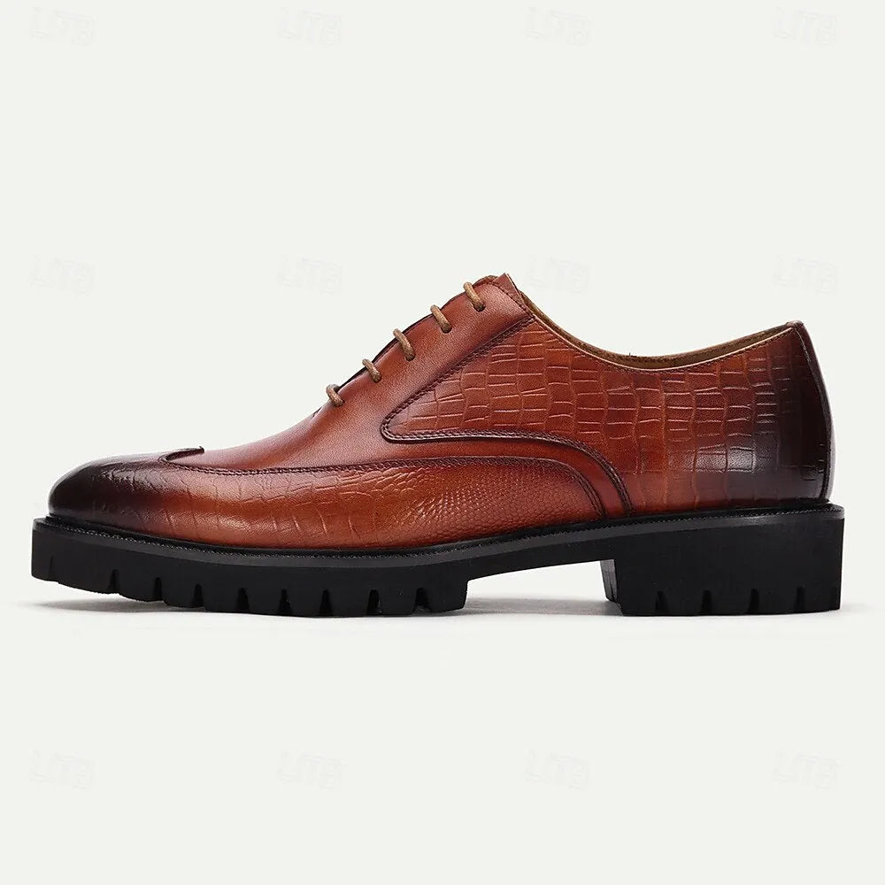 Men's Premium Cowhide Leather Oxford Shoes with Embossed Crocodile Pattern and Rugged Sole - Brown Lace-Up Dress Shoes