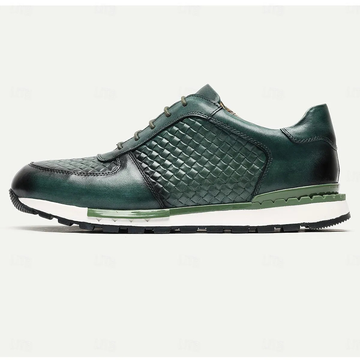 Men's Textured Green Leather Sneakers Non-Slip Sole