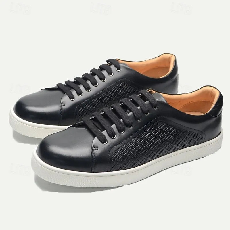 Men's Black Leather Sneakers with Mesh Panel Design - Casual Lace-Up Low-Top Shoes for Everyday Wear