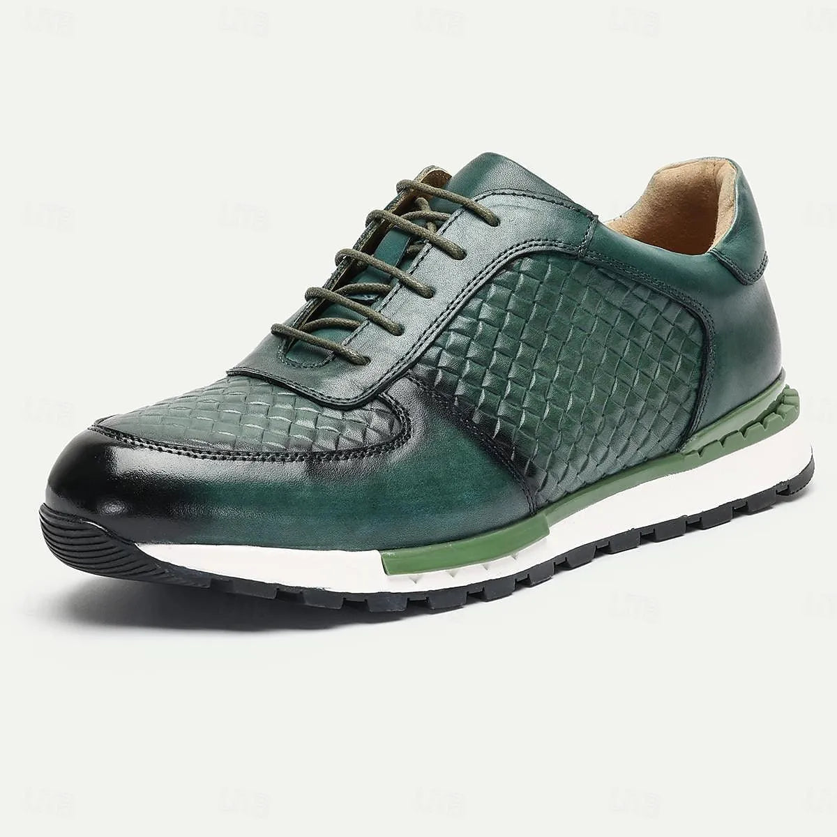 Men's Textured Green Leather Sneakers Non-Slip Sole