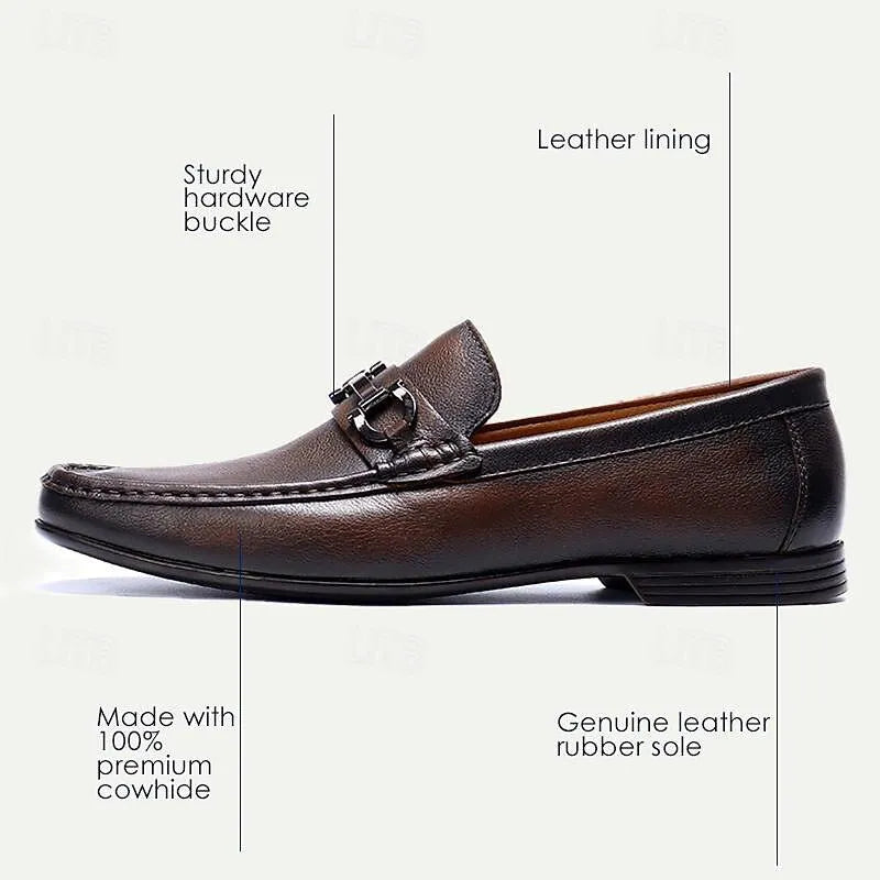 Men's Classic Leather Loafers with Metal Buckle