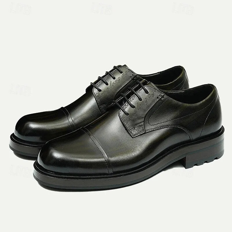 Men's Brown Leather Cap-Toe Oxford Shoes, Classic Dress Shoes with Subtle Engraved Details for Business and Formal Wear