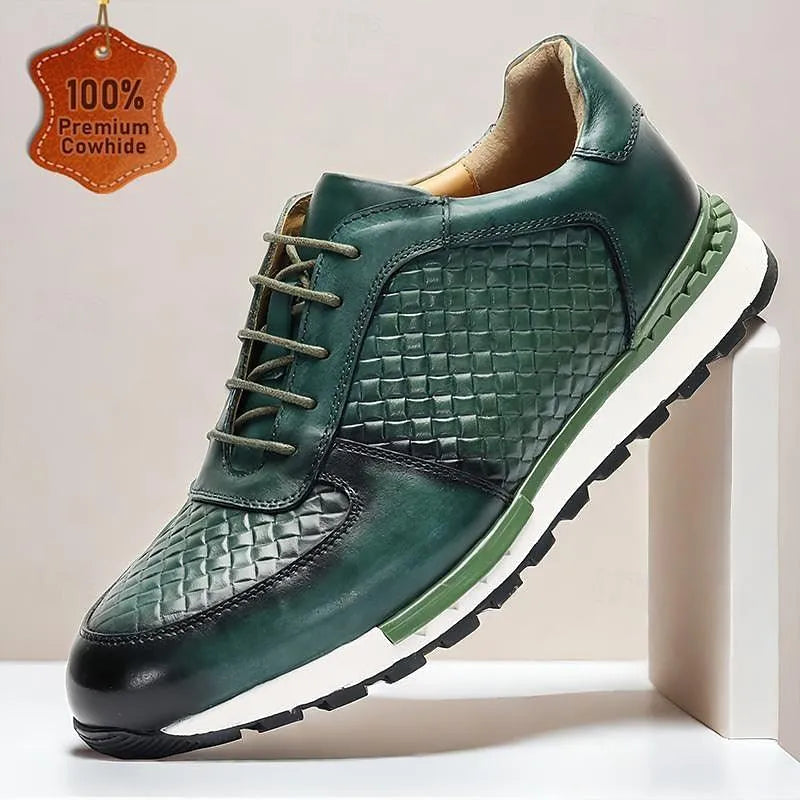 Men's Textured Green Leather Sneakers Non-Slip Sole