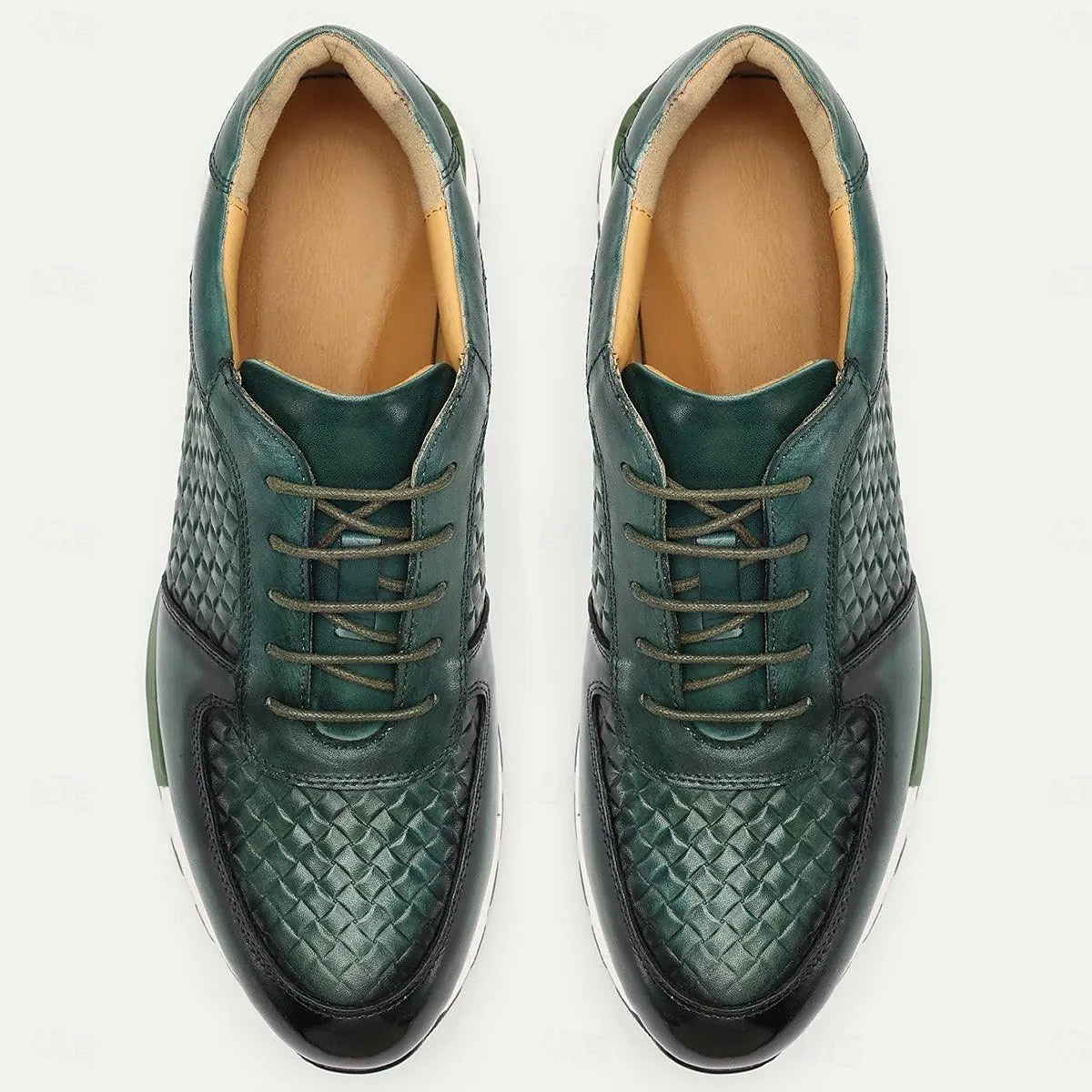 Men's Textured Green Leather Sneakers Non-Slip Sole