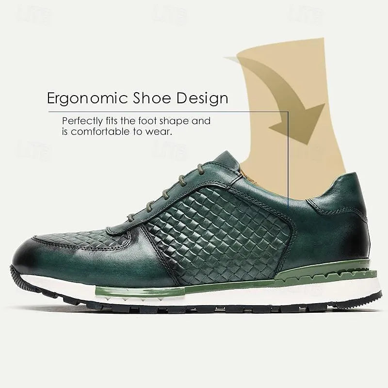 Men's Textured Green Leather Sneakers Non-Slip Sole