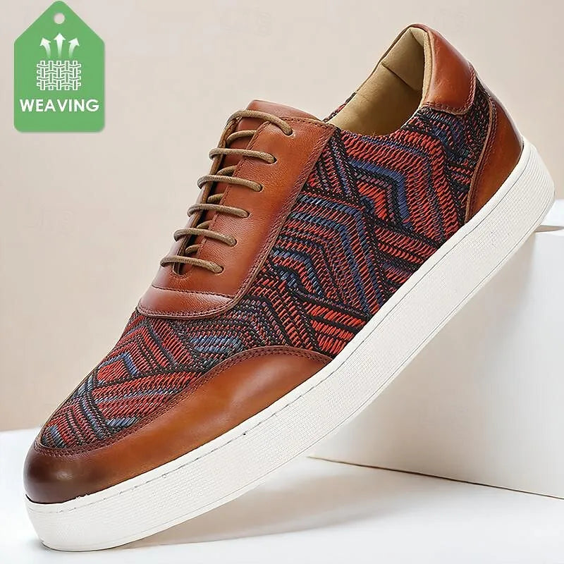 Men's Brown Leather Woven Sneakers - Breathable Red and Blue Pattern Lace-Up Casual Shoes