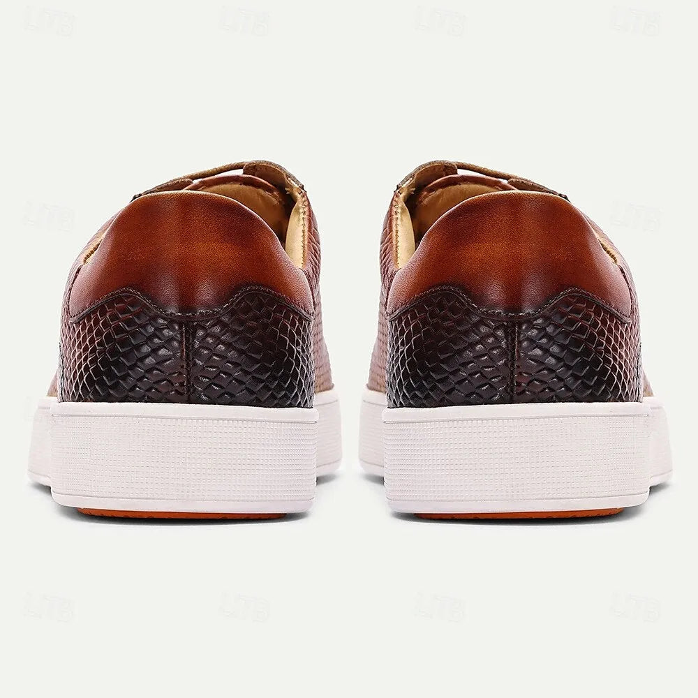 Men's Premium Cowhide Leather Sneakers - Brown Crocodile Pattern Lace-Up Casual Shoes for Daily Wear and Fashion Outfits