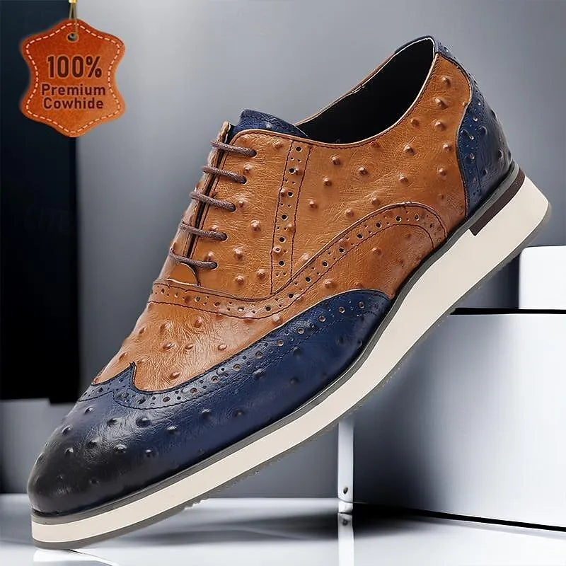 Men's Sneakers Ostrich Print Leather Two-Tone Lace-up