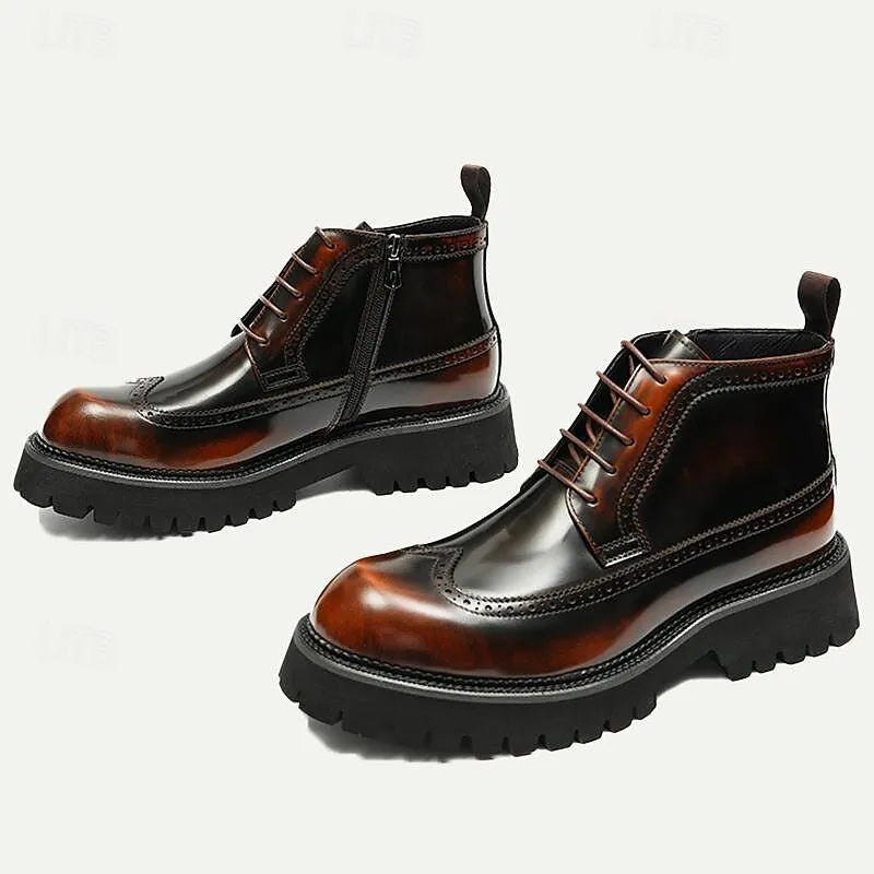 Men's Chunky Sole Brogue Boots - 100% Premium Cowhide Leather with Lace-Up Design