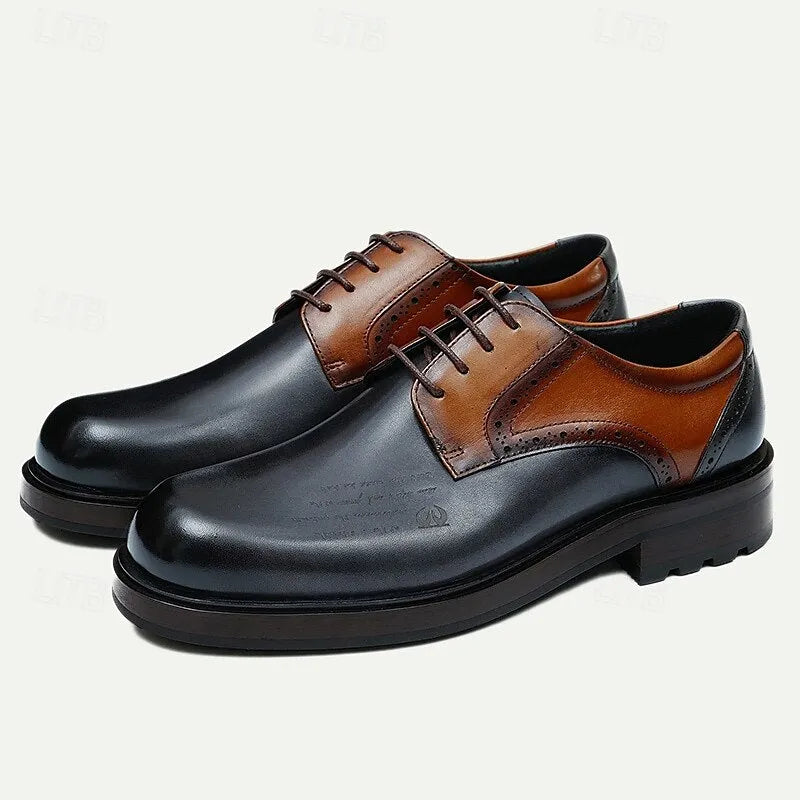 Men's Black and Brown Leather Oxford Shoes with Brogue Detailing, Classic Two-Tone Dress Shoes for Formal and Business Wear