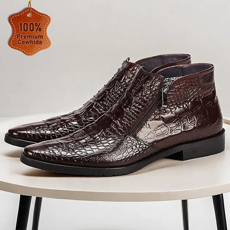 Men's Brown Crocodile Pattern Leather Ankle Boots - Premium Cowhide Zipper Dress Shoes