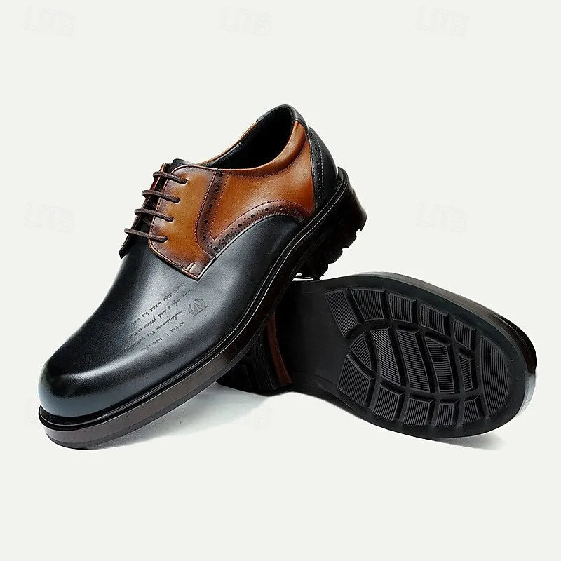 Men's Black and Brown Leather Oxford Shoes with Brogue Detailing, Classic Two-Tone Dress Shoes for Formal and Business Wear