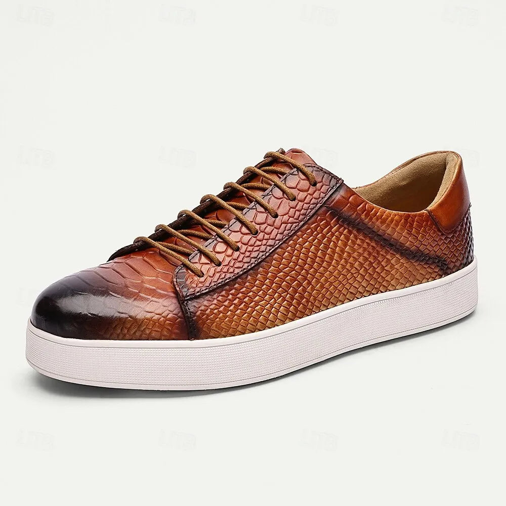 Men's Premium Cowhide Leather Sneakers - Brown Crocodile Pattern Lace-Up Casual Shoes for Daily Wear and Fashion Outfits