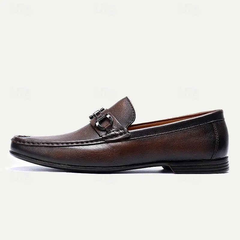 Men's Classic Leather Loafers with Metal Buckle