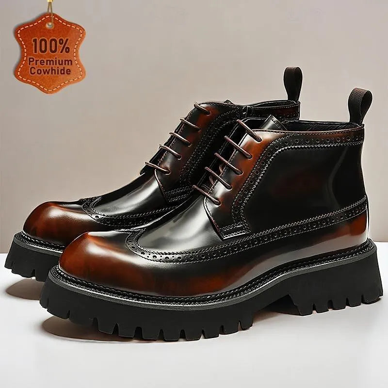 Men's Chunky Sole Brogue Boots - 100% Premium Cowhide Leather with Lace-Up Design