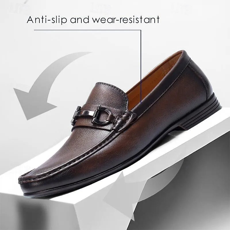 Men's Classic Leather Loafers with Metal Buckle