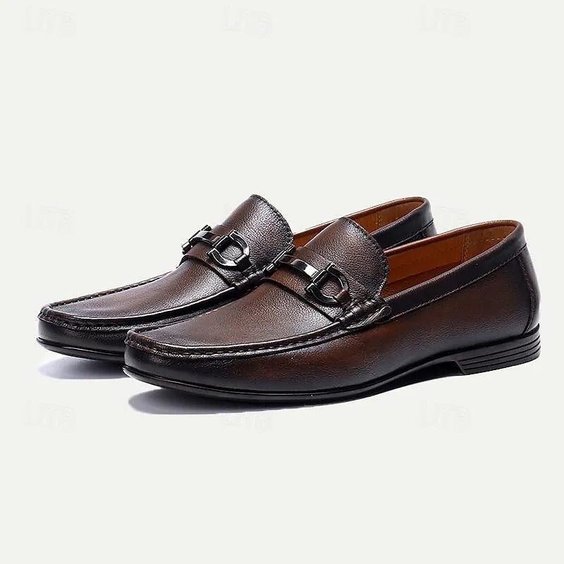 Men's Classic Leather Loafers with Metal Buckle