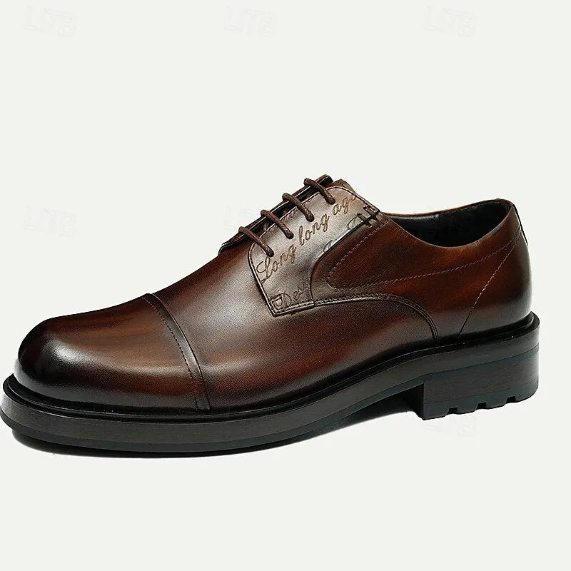 Men's Brown Leather Cap-Toe Oxford Shoes, Classic Dress Shoes with Subtle Engraved Details for Business and Formal Wear